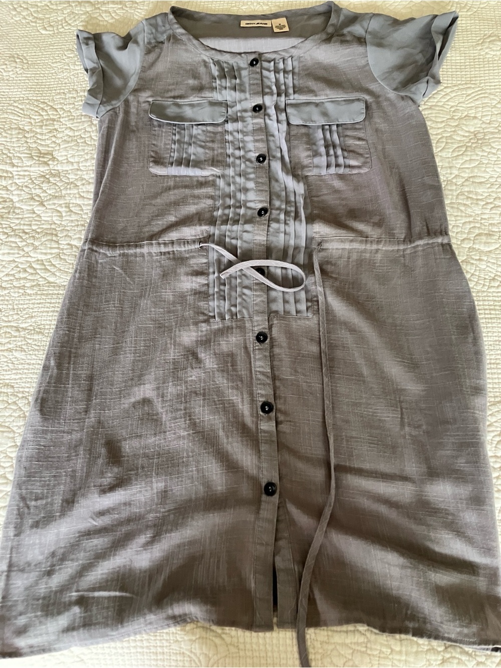 Like New DKNY grey cotton button down dress w/self belt